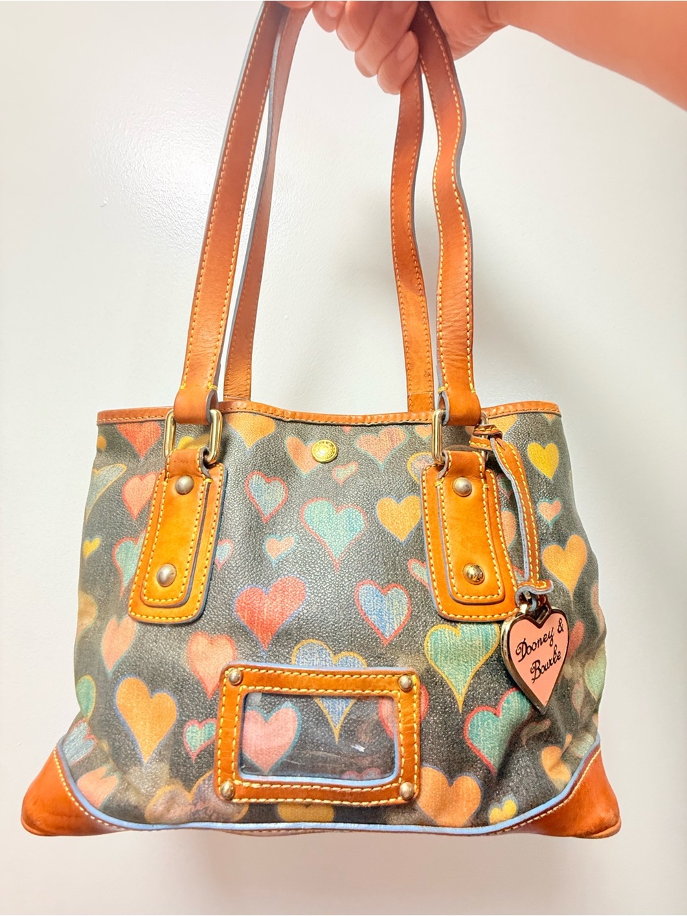 Y2K Dooney & Bourke Multicolor Heart Print Shoulder Bag with Tan Trim